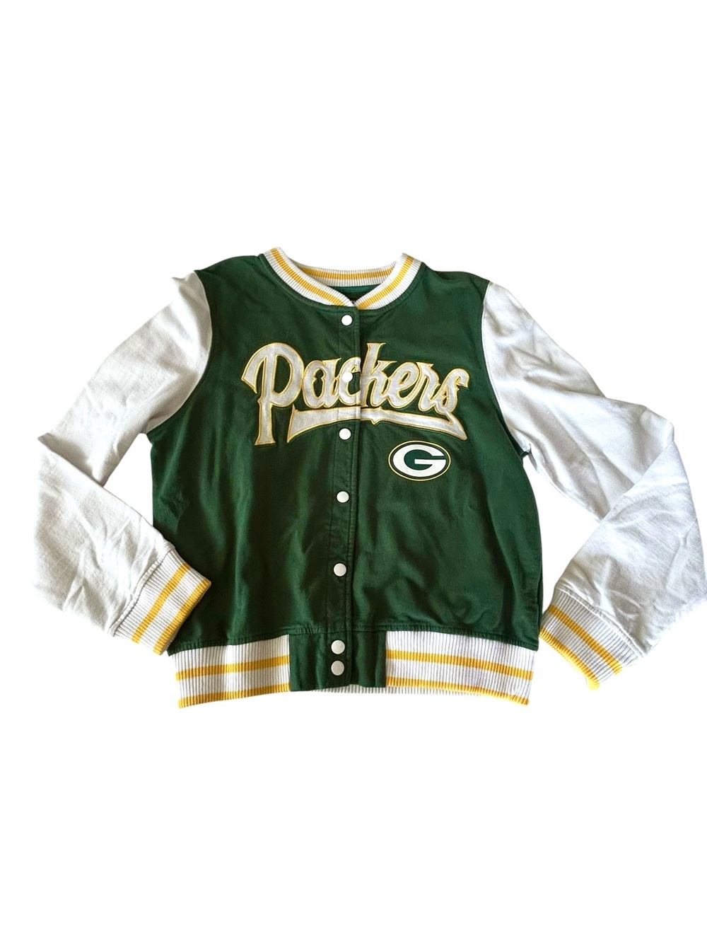 Green Bay Packers NFL Apparel Womens S Green White Fleece Varsity Bomber Jacket